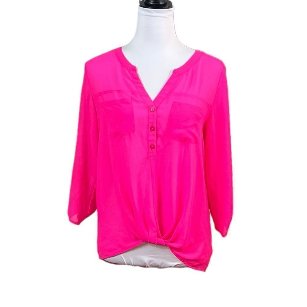 Naked Zebra‎ Women’s Hot Pink Semi-Sheer 3/4 Length Sleeve V-Neck Top, Size S